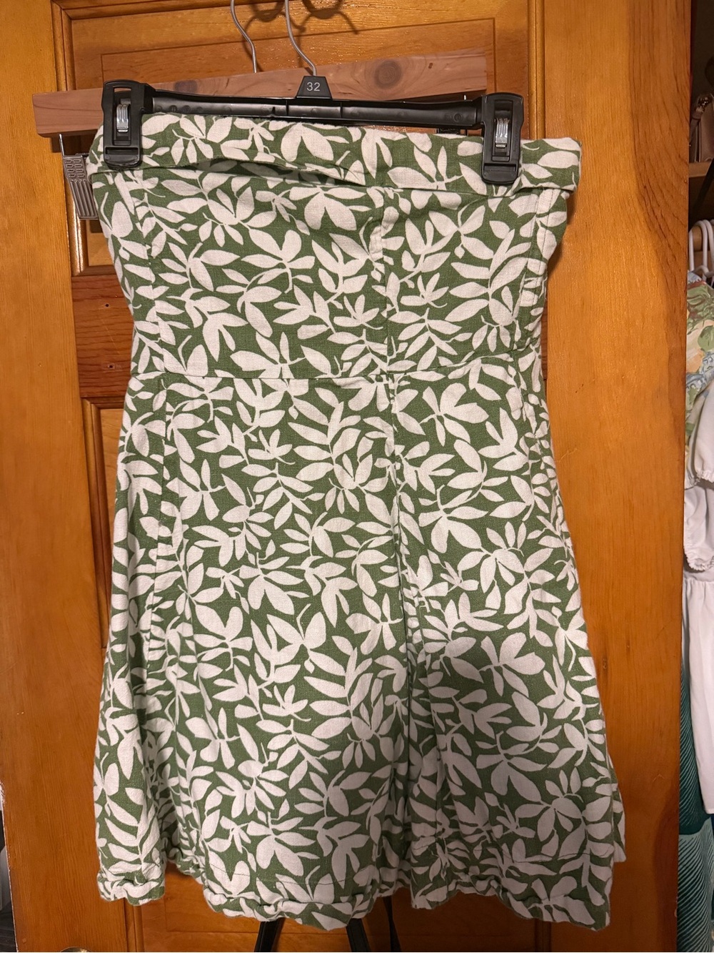 Abercrombie & Fitch Green and White Leaf-Print Strapless Linen Mini Dress